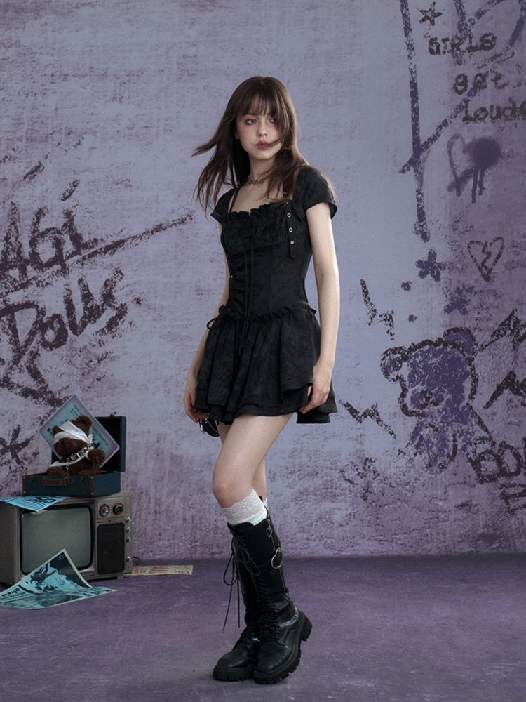Buckle Strap Shirred Mini Dress【s0000013119】
