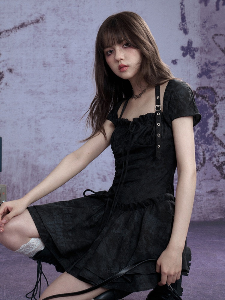 Buckle Strap Shirred Mini Dress【s0000013119】