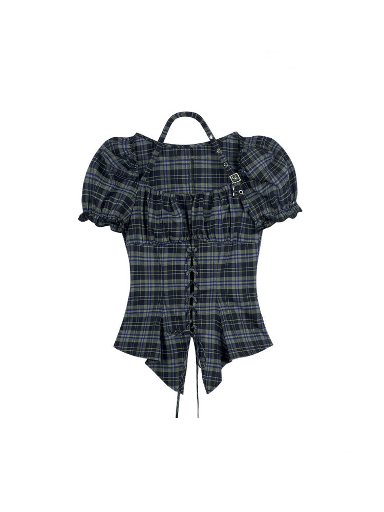 Buckle Strap Halter Neck Irregular Hem Plaid Puff Sleeve Corset Tops【s0000013120】