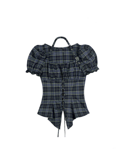 Buckle Strap Halter Neck Irregular Hem Plaid Puff Sleeve Corset Tops【s0000013120】