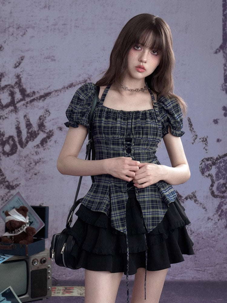 Buckle Strap Halter Neck Irregular Hem Plaid Puff Sleeve Corset Tops【s0000013120】