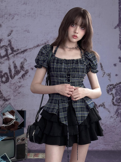 Buckle Strap Halter Neck Irregular Hem Plaid Puff Sleeve Corset Tops【s0000013120】