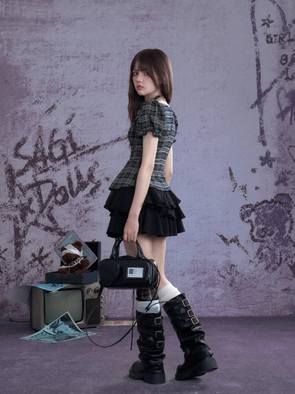 Buckle Strap Halter Neck Irregular Hem Plaid Puff Sleeve Corset Tops【s0000013120】