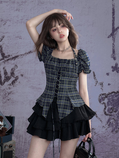 Buckle Strap Halter Neck Irregular Hem Plaid Puff Sleeve Corset Tops【s0000013120】