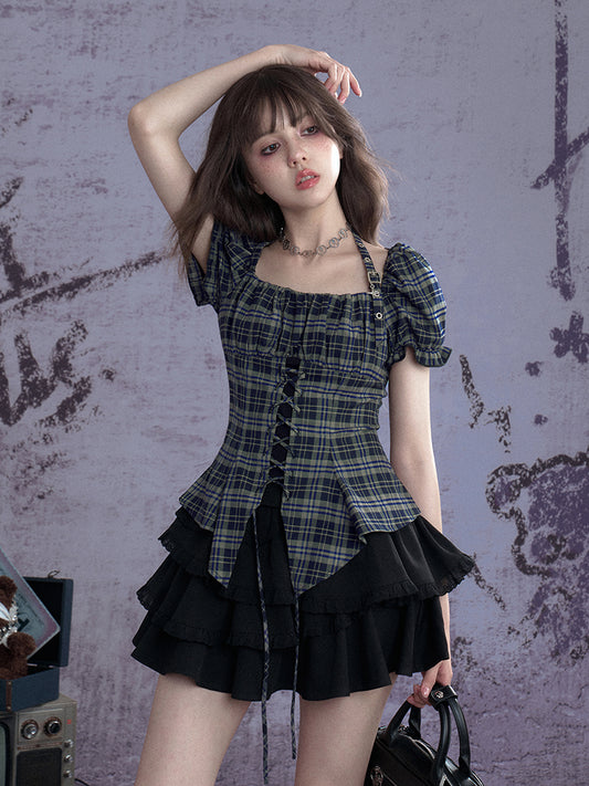 Buckle Strap Halter Neck Irregular Hem Plaid Puff Sleeve Corset Tops【s0000013120】