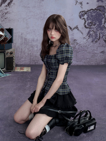 Buckle Strap Halter Neck Irregular Hem Plaid Puff Sleeve Corset Tops【s0000013120】