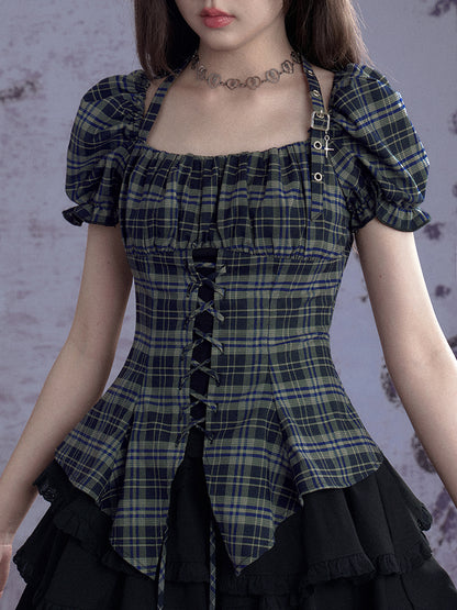 Buckle Strap Halter Neck Irregular Hem Plaid Puff Sleeve Corset Tops【s0000013120】