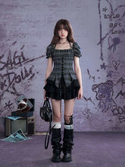 Buckle Strap Halter Neck Irregular Hem Plaid Puff Sleeve Corset Tops【s0000013120】