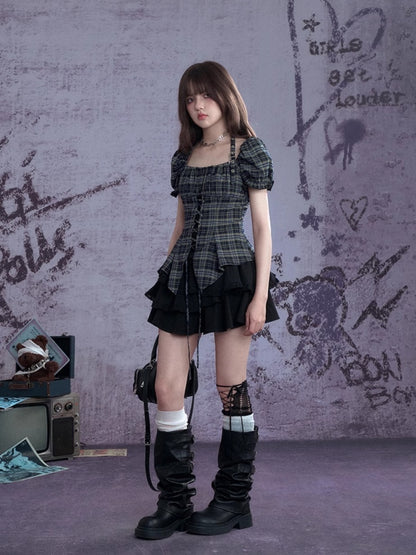 Buckle Strap Halter Neck Irregular Hem Plaid Puff Sleeve Corset Tops【s0000013120】