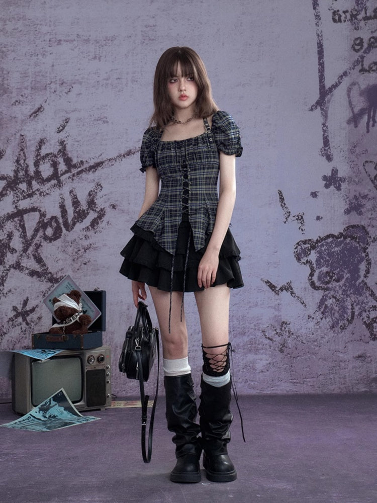 Buckle Strap Halter Neck Irregular Hem Plaid Puff Sleeve Corset Tops【s0000013120】