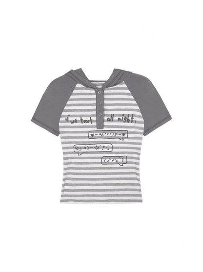 Emoji Print Hooded Striped T-Shirt【s0000013121】