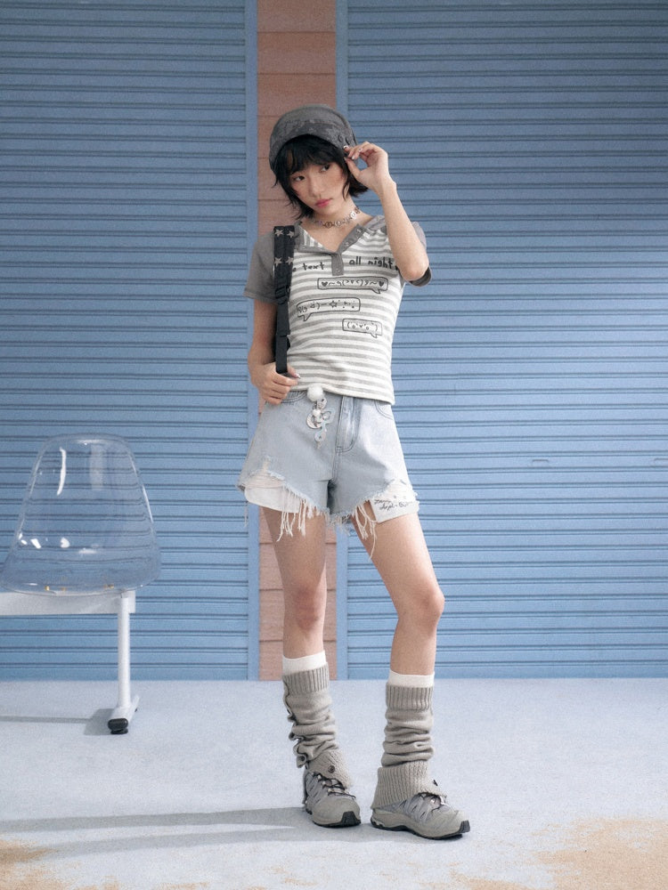 Emoji Print Hooded Striped T-Shirt【s0000013121】
