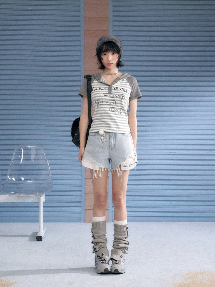 Emoji Print Hooded Striped T-Shirt【s0000013121】