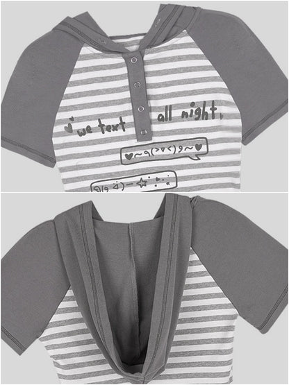 Emoji Print Hooded Striped T-Shirt【s0000013121】