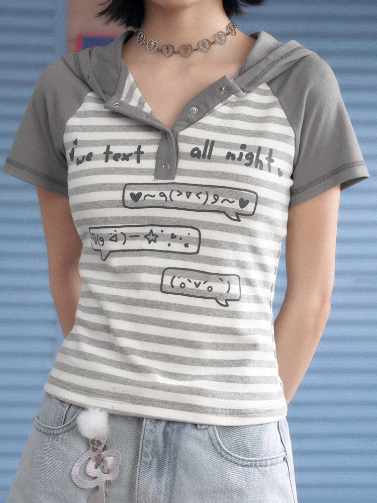 Emoji Print Hooded Striped T-Shirt【s0000013121】