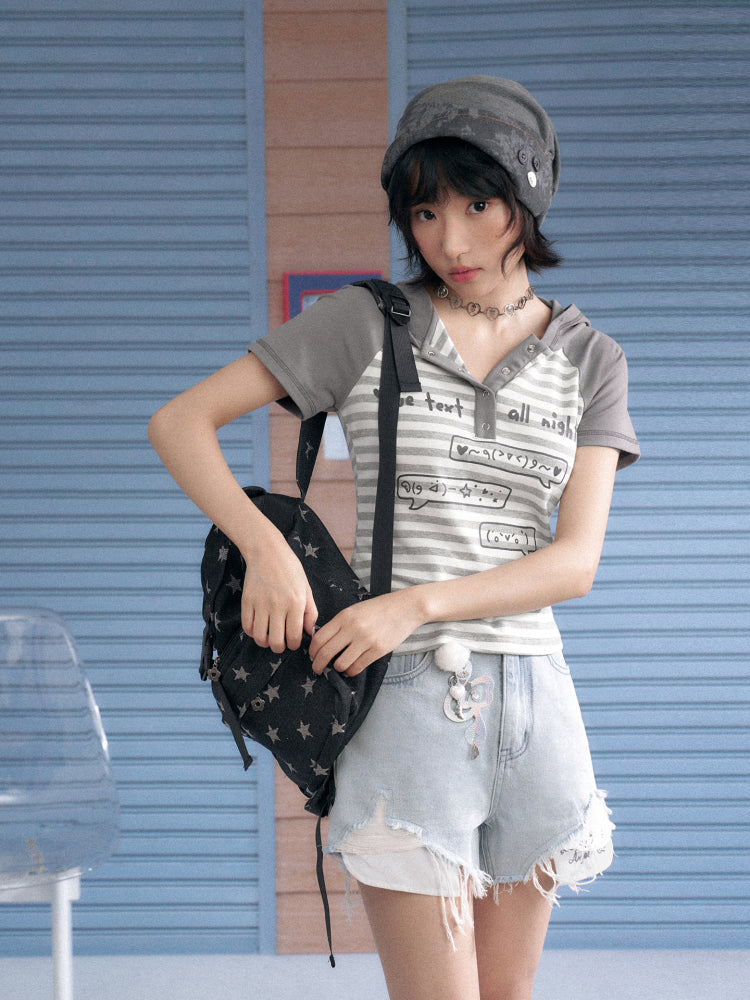 Emoji Print Hooded Striped T-Shirt【s0000013121】
