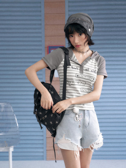 Emoji Print Hooded Striped T-Shirt【s0000013121】