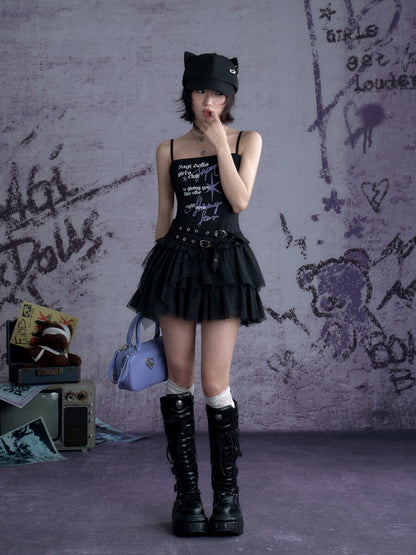 Little Devil Graffiti Print Tulle Cami Dress【s0000013122】