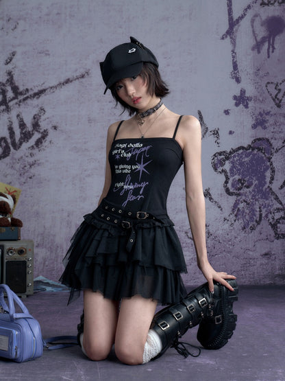 Little Devil Graffiti Print Tulle Cami Dress【s0000013122】