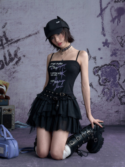 Little Devil Graffiti Print Tulle Cami Dress【s0000013122】