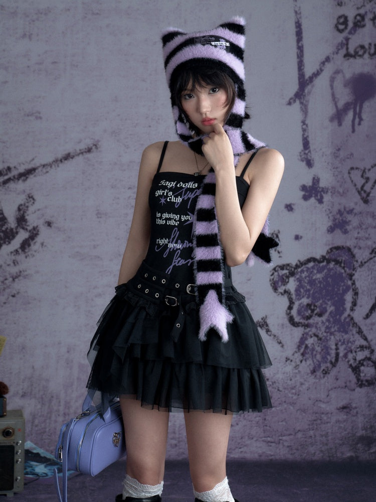 Little Devil Graffiti Print Tulle Cami Dress【s0000013122】