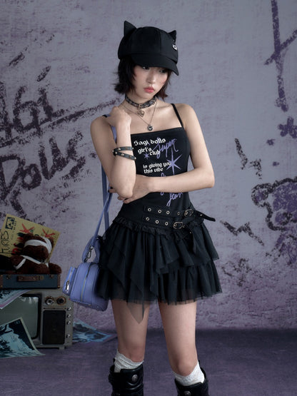 Little Devil Graffiti Print Tulle Cami Dress【s0000013122】