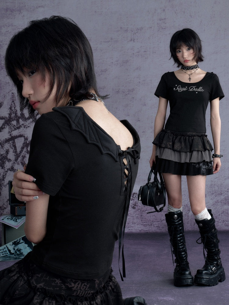 Demon Wings Back Lace-Up T-Shirt【s0000013124】