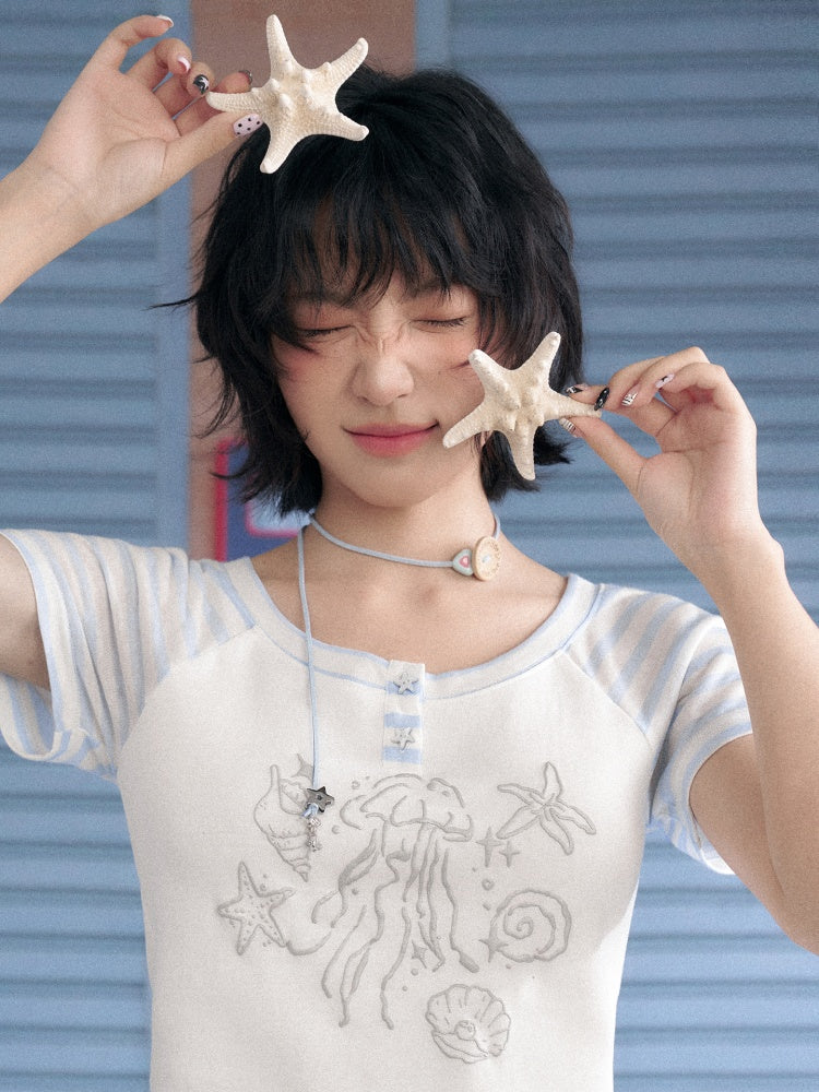 Marine Illustration Raglan Sleeve T-Shirt【s0000013125】