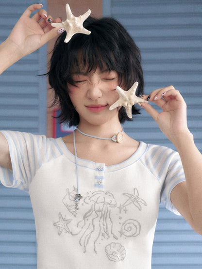 Marine Illustration Raglan Sleeve T-Shirt【s0000013125】