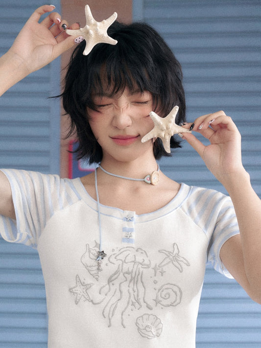 Marine Illustration Raglan Sleeve T-Shirt【s0000013125】