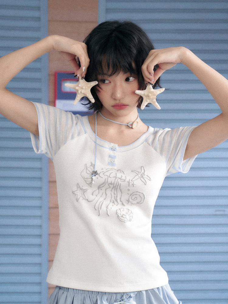 Marine Illustration Raglan Sleeve T-Shirt【s0000013125】