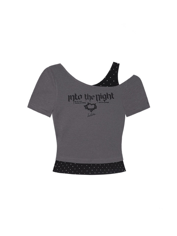 Faux Layered Polka Dot Oblique Shoulder T-Shirt 【s0000013131】