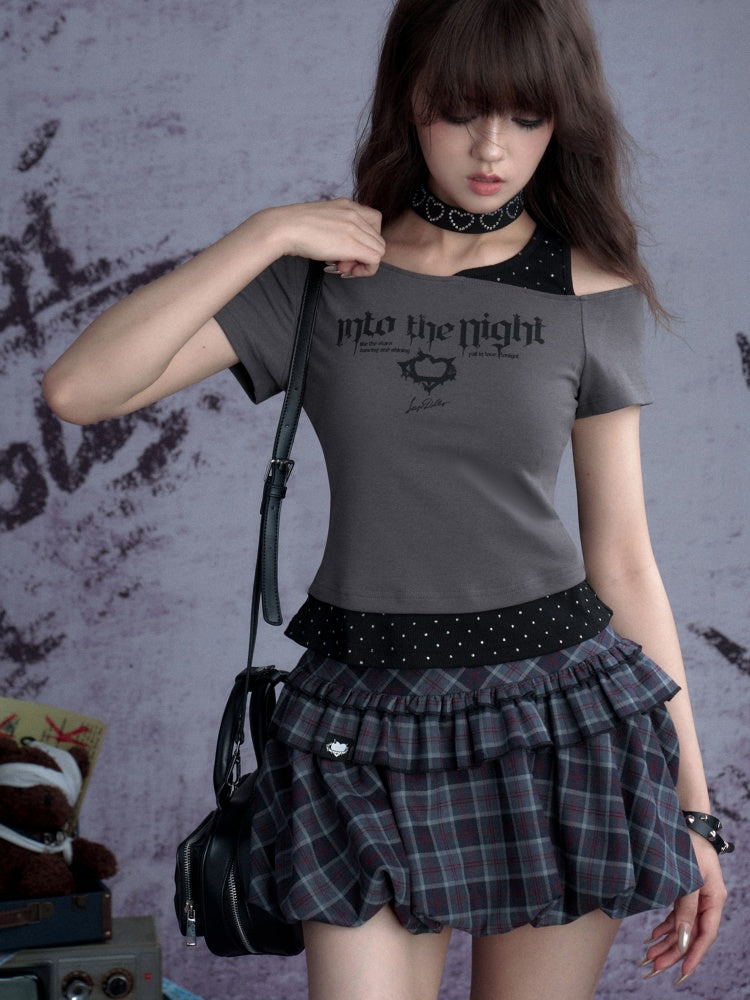 Faux Layered Polka Dot Oblique Shoulder T-Shirt 【s0000013131】