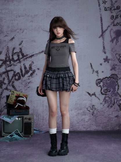 Faux Layered Polka Dot Oblique Shoulder T-Shirt 【s0000013131】