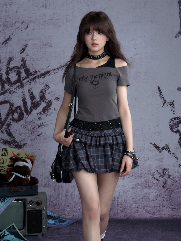 Faux Layered Polka Dot Oblique Shoulder T-Shirt 【s0000013131】