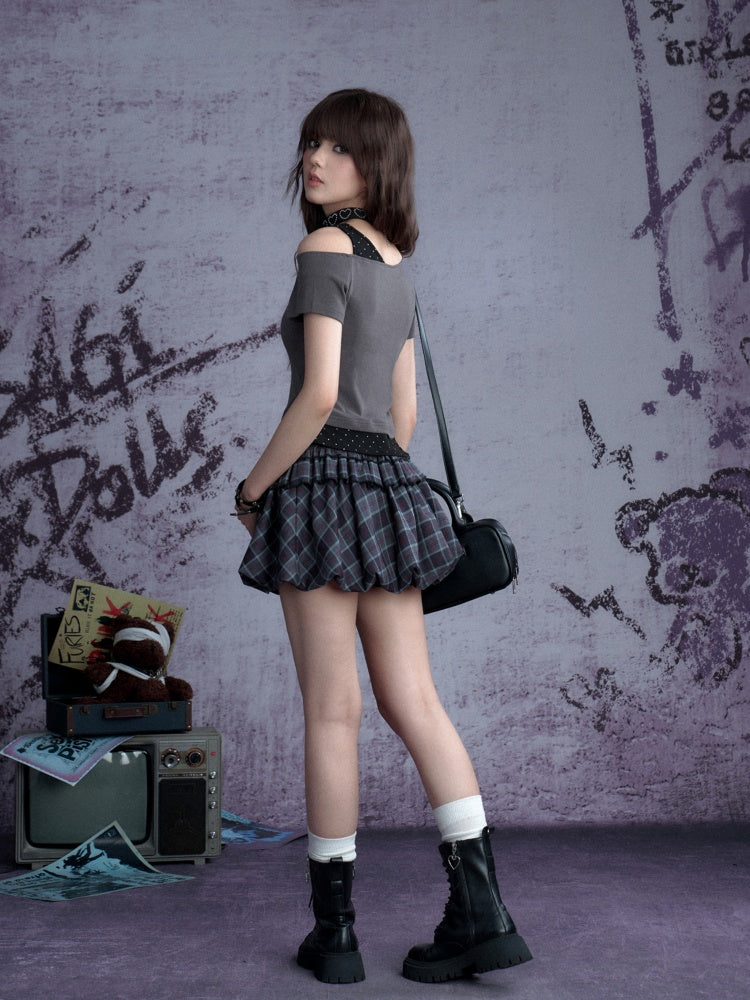 Faux Layered Polka Dot Oblique Shoulder T-Shirt 【s0000013131】