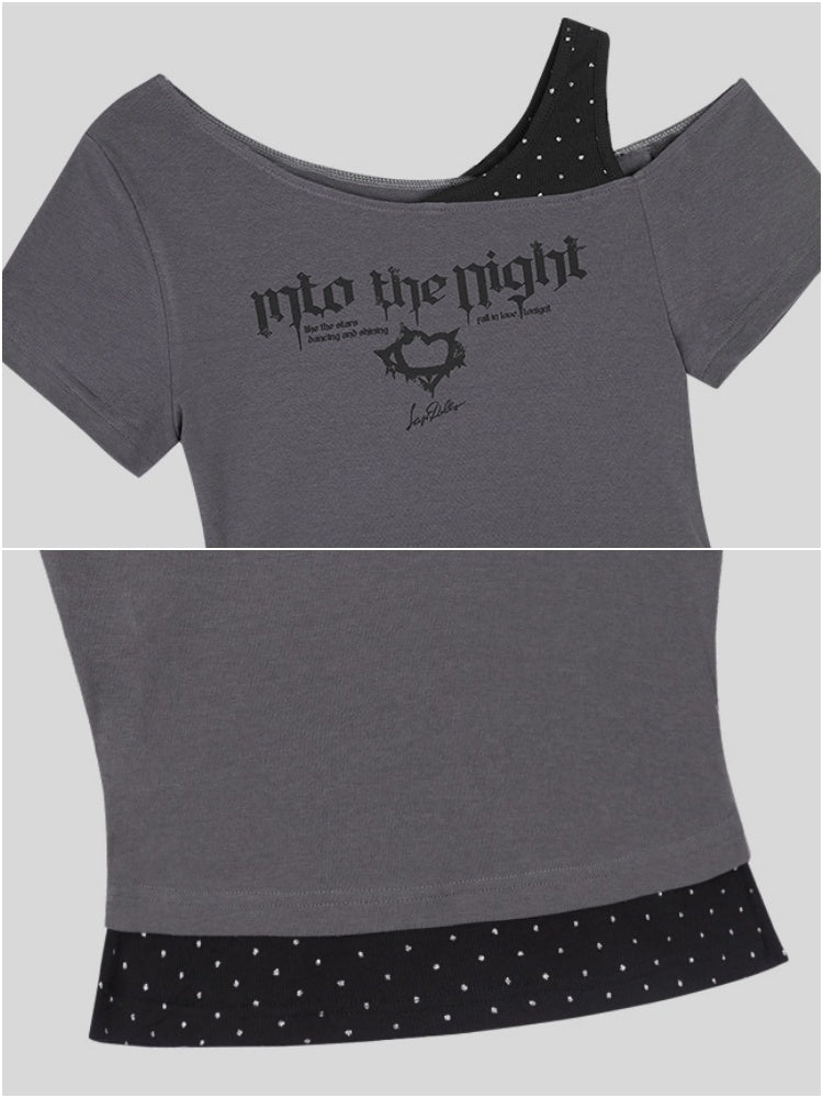 Faux Layered Polka Dot Oblique Shoulder T-Shirt 【s0000013131】