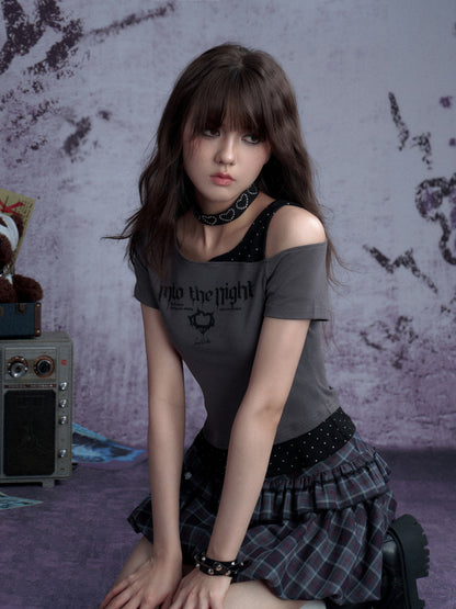 Faux Layered Polka Dot Oblique Shoulder T-Shirt 【s0000013131】