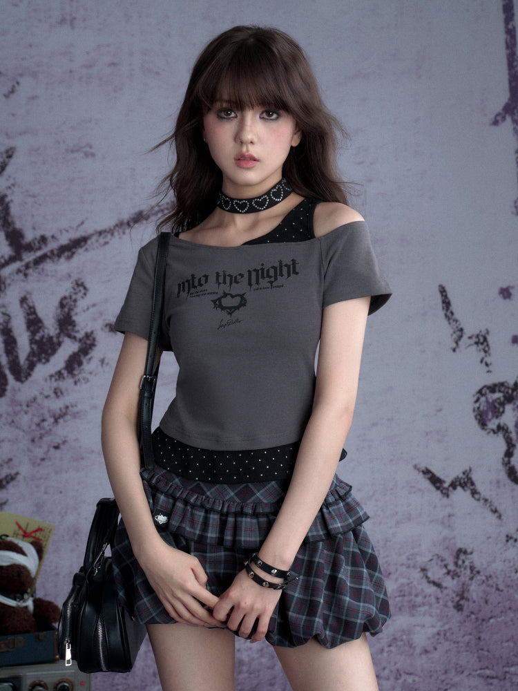 Faux Layered Polka Dot Oblique Shoulder T-Shirt 【s0000013131】