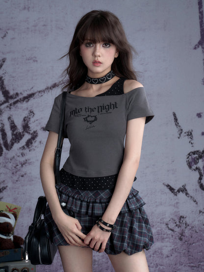 Faux Layered Polka Dot Oblique Shoulder T-Shirt 【s0000013131】