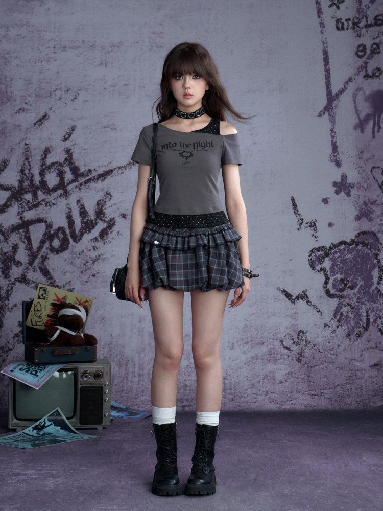 Faux Layered Polka Dot Oblique Shoulder T-Shirt 【s0000013131】