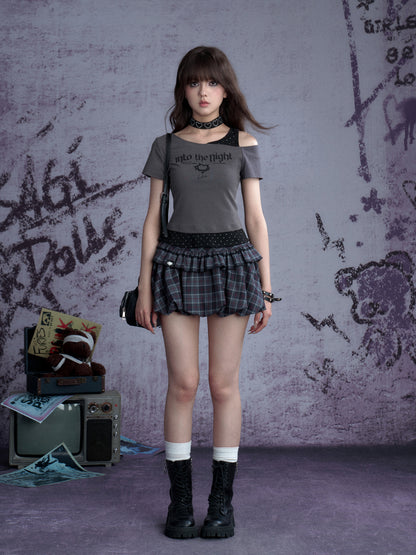 Faux Layered Polka Dot Oblique Shoulder T-Shirt 【s0000013131】