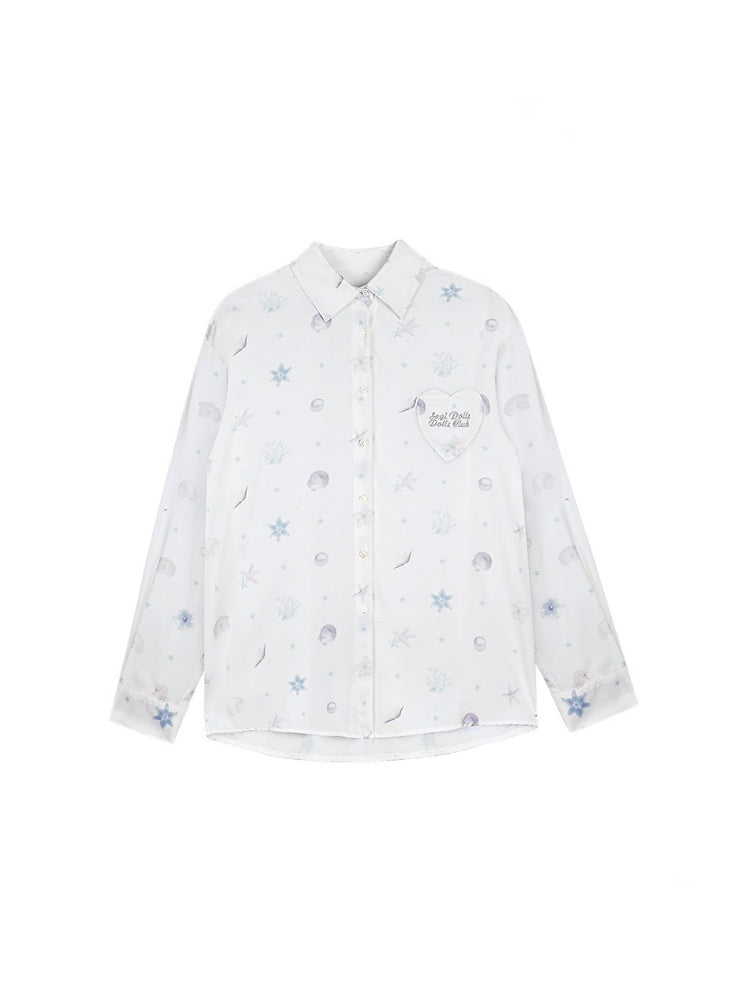 Ocean Print Heart Patch Pocket Silky Cool Sunscreen Shirt【s0000013132】