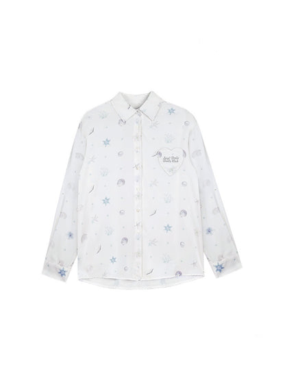 Ocean Print Heart Patch Pocket Silky Cool Sunscreen Shirt【s0000013132】