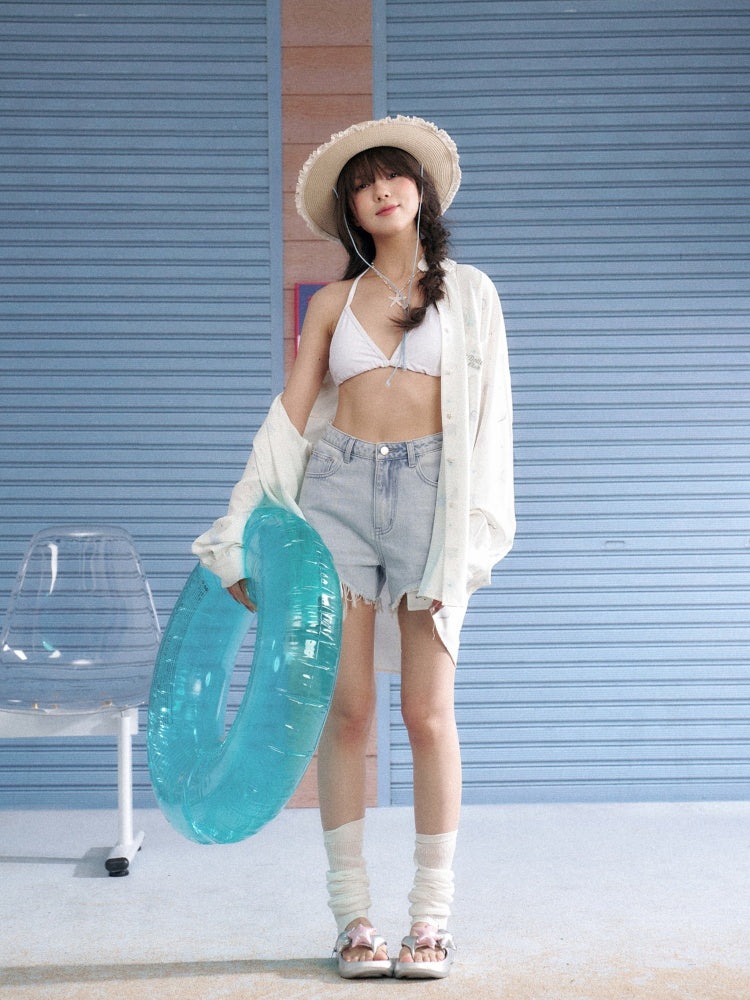 Ocean Print Heart Patch Pocket Silky Cool Sunscreen Shirt【s0000013132】