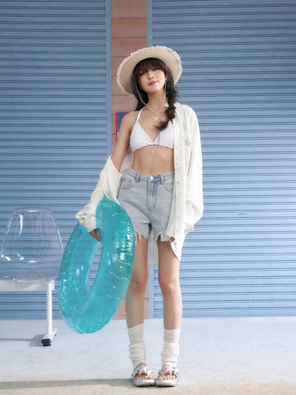 Ocean Print Heart Patch Pocket Silky Cool Sunscreen Shirt【s0000013132】
