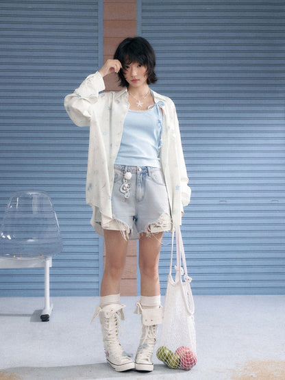 Ocean Print Heart Patch Pocket Silky Cool Sunscreen Shirt【s0000013132】