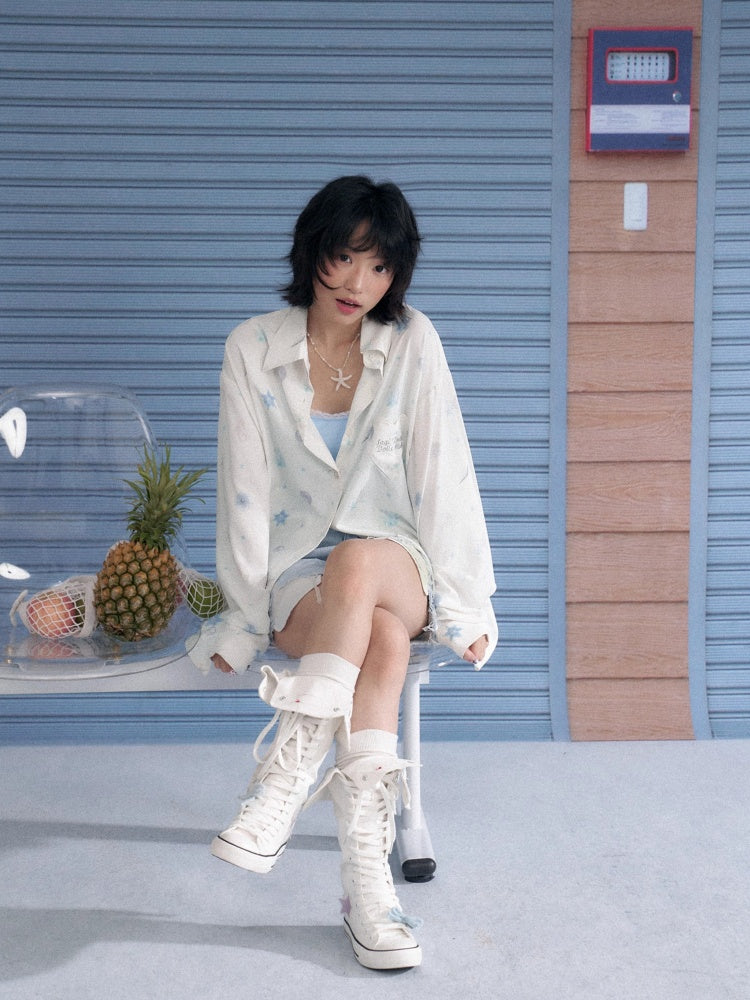 Ocean Print Heart Patch Pocket Silky Cool Sunscreen Shirt【s0000013132】