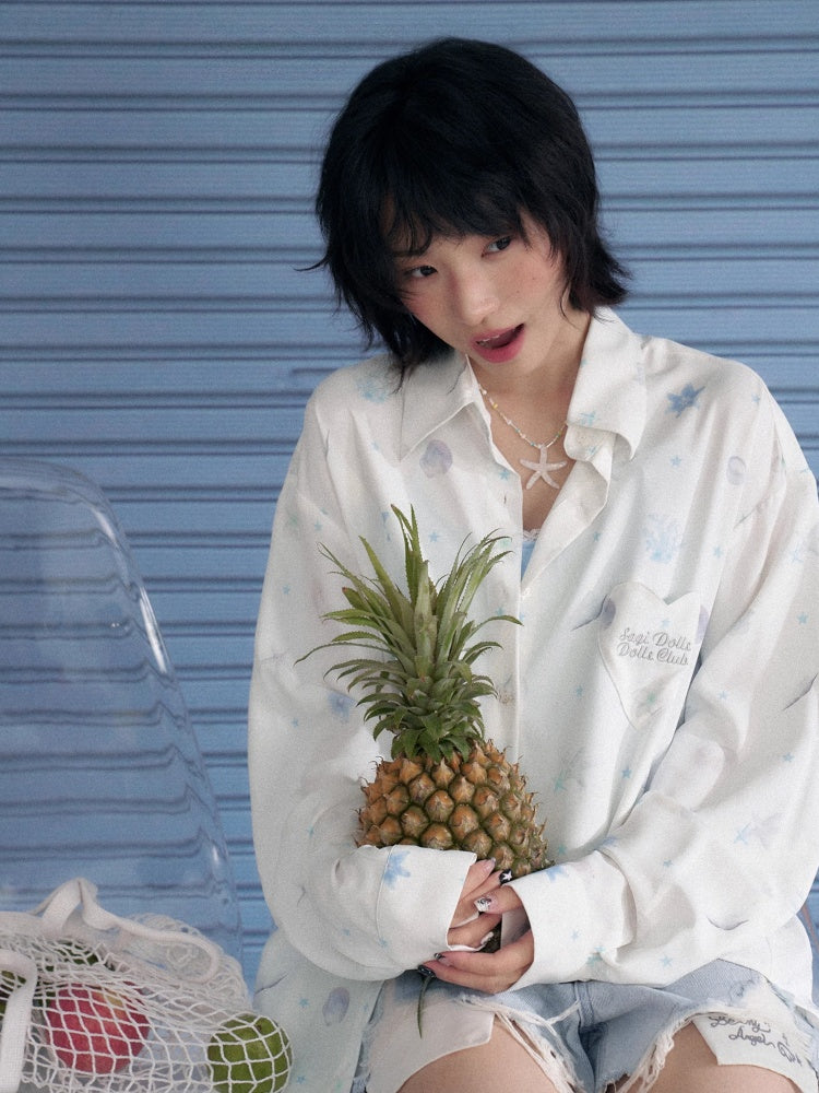 Ocean Print Heart Patch Pocket Silky Cool Sunscreen Shirt【s0000013132】