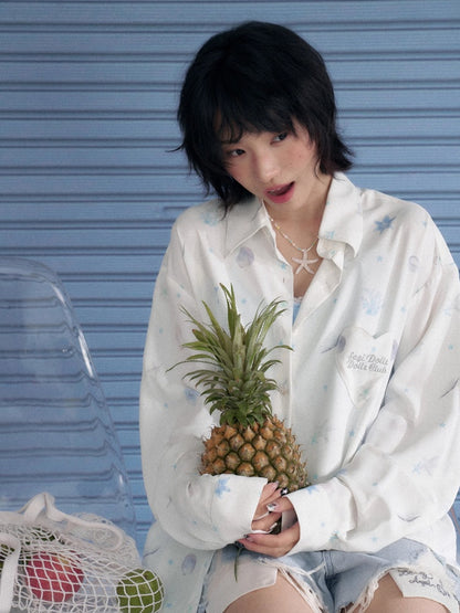 Ocean Print Heart Patch Pocket Silky Cool Sunscreen Shirt【s0000013132】